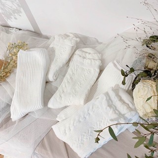 Tất trắng cổ cao nữ phong cách Vintage Hàn Quốc vớ ren vân thời trang lolita siêu xinh chất cotton co giãn HANASO T101