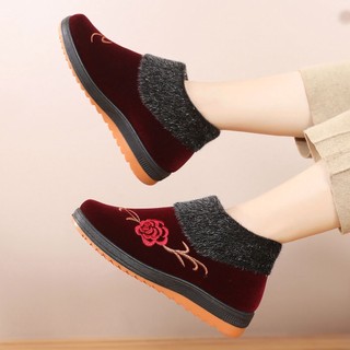 Giày Vải Cotton Lót Lông Cừu Đế Mềm Chống Trượt Giữ Ấm Cho Phụ Nữ Trung Niên