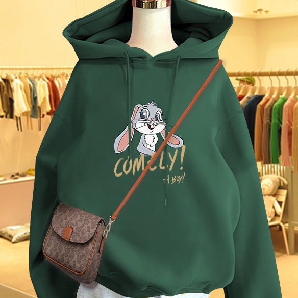 Áo Hoodie Nữ HappyFamily Màu Xanh Rêu Hot Trend Comely Hình Chú Thỏ Xinh Xắn Chất Nỉ Da Cá 100 Cao Cấp