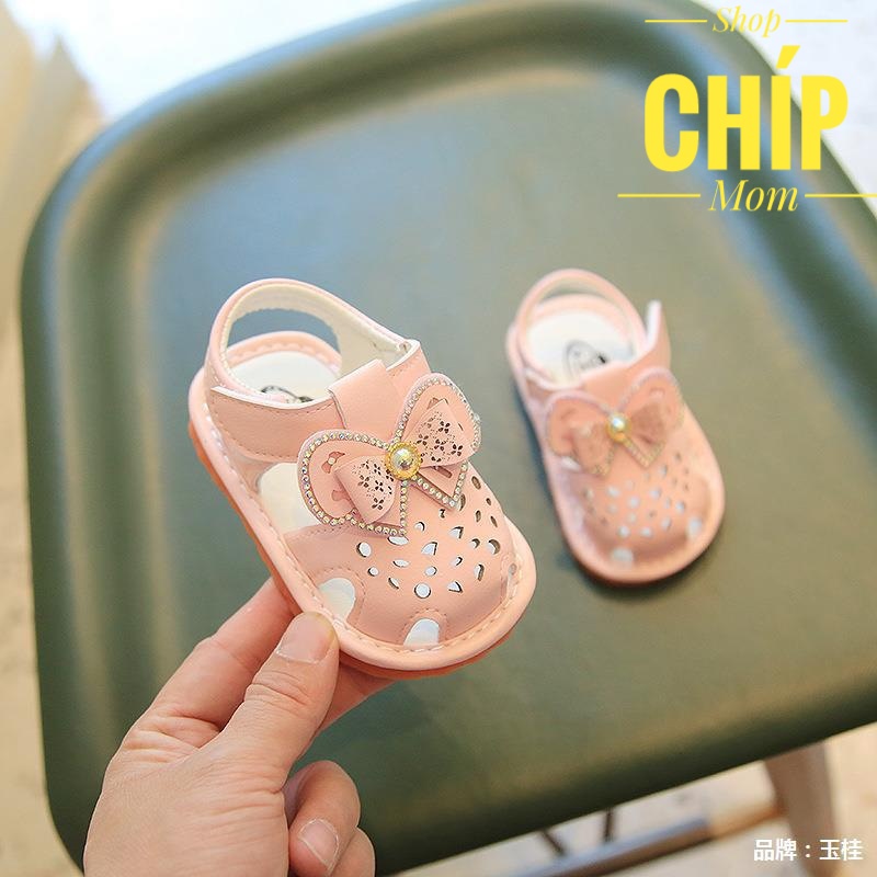 sandal tập đi dép rọ tập đi cho bé gái có còi tít tít nơ xinh xắn da PU mềm êm chân siêu nhẹ full hộp A92