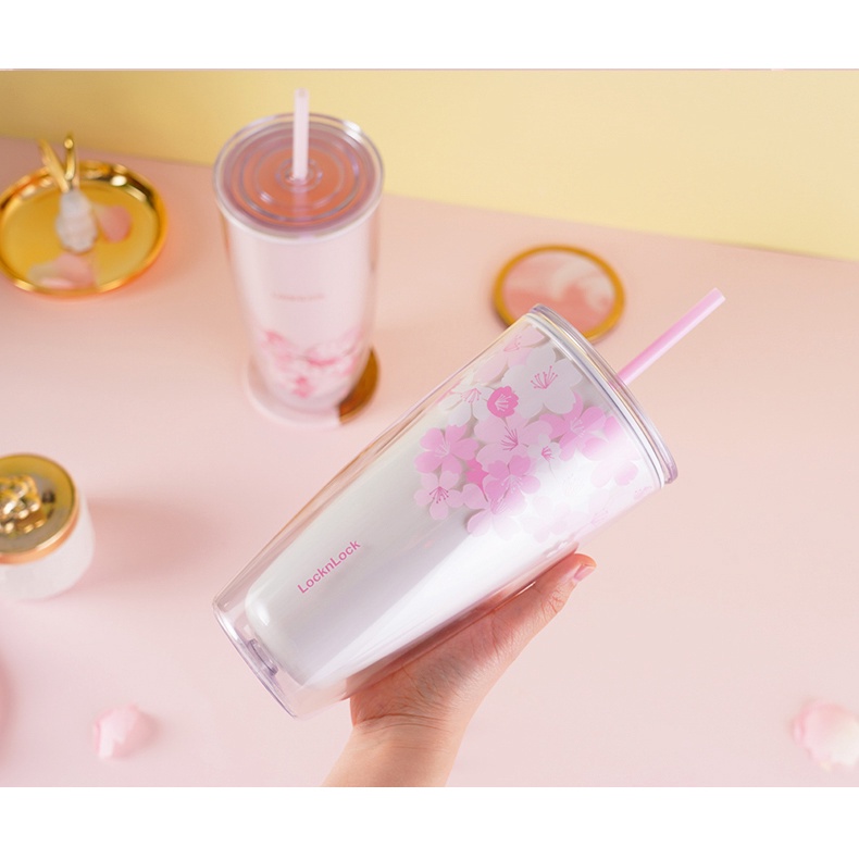 Ly nhựa 2 lớp Lock&Lock có ống hút 750ml Doublewall Coldcup cách nhiệt tốt HAP509 - màu trắng -  K-MALL