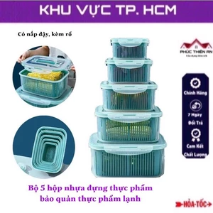 * Hàng cao cấp * Bộ 5 hộp nhựa đựng thực phẩm, bảo quản thực phẩm lạnh - có nắp đậy, kèm rổ