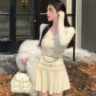 Đầm Dệt Kim Tay Dài Cổ Chữ v Thời Trang Thu Đông Dành Cho Nữ