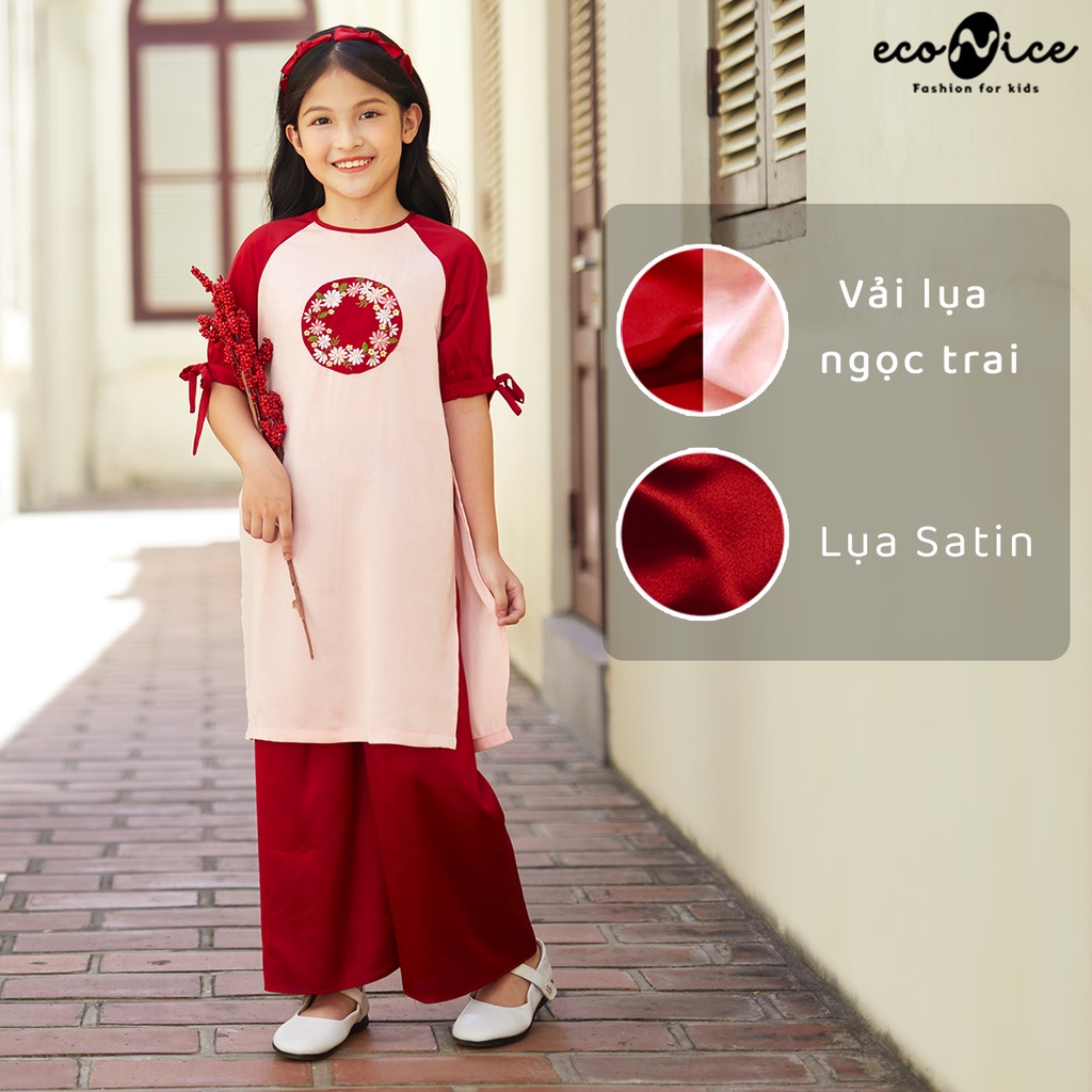 Áo dài tết cách tân màu đỏ cho bé gái, bé trai Econice G2. Size váy trẻ em 3, 4, 5, 6, 7, 8, 9, 10, 11, 12 tuổi