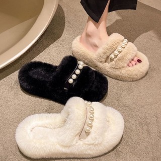 (Sẵn đen 38) Dép lông quai ngọc đế 5cm siêu xinh