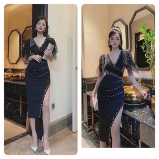 Đầm body dự tiệc tay lưới kết pha lê cao cấp kèm ảnh thật TẶNG KÈM HOA TAI THỜI TRANG