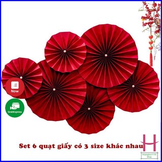 Set 6 quạt giấy đỏ 3 size 20cm,25cm,30cm trang trí Tết, quạt giấy đỏ trang trí chúc mừng năm mới { H }