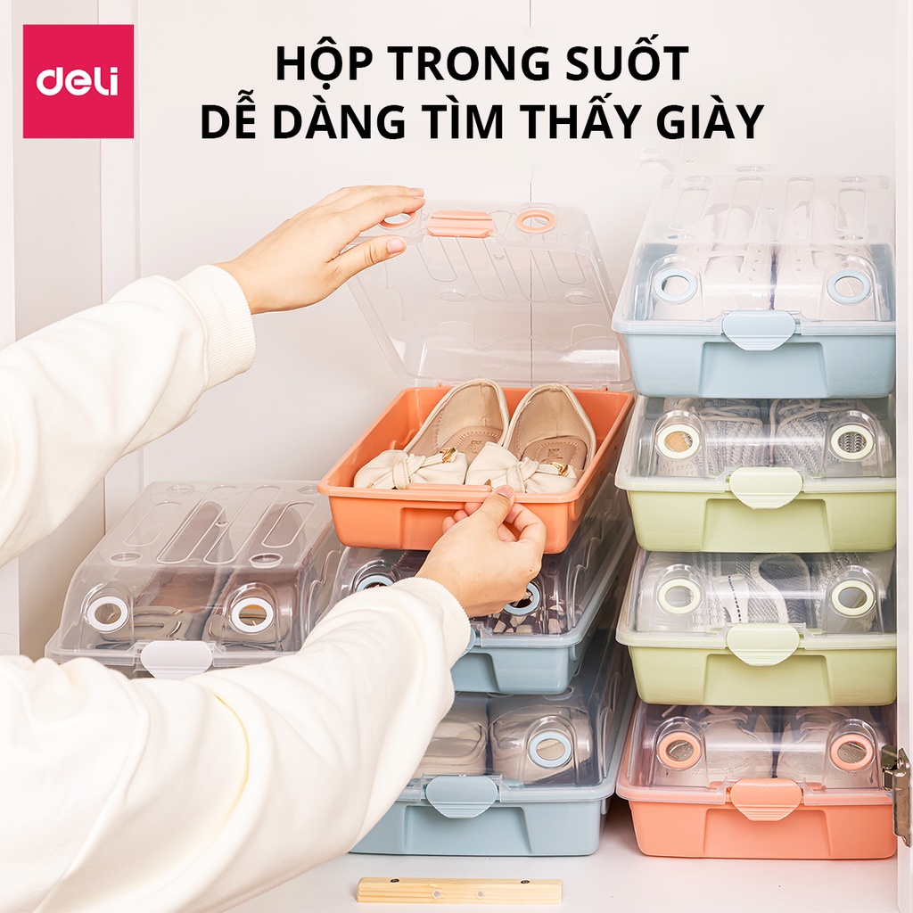 Hộp Đựng Giày Dép Nhựa Cứng Có Thể Xếp Chồng Có Nắp Đậy Nhiều Size Kệ Giày, Hộp giày Thông Minh Tiện Lợi Deli
