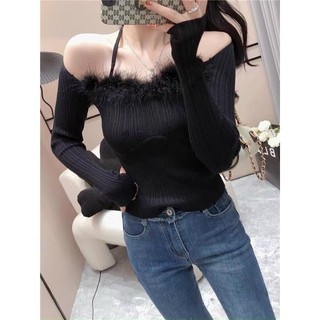 Áo len tăm nữ phối viền lông cổ yếm xinh, kiểu len trễ vai hot trend