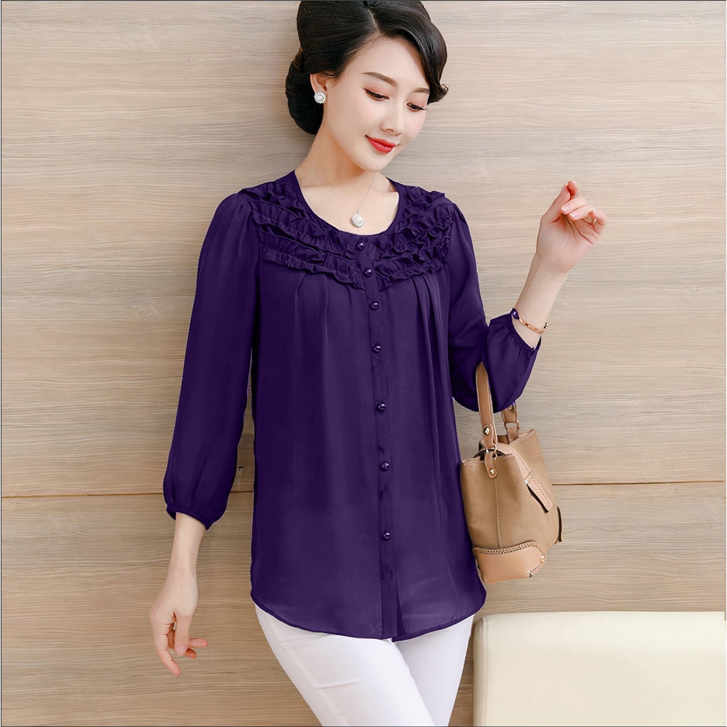 Ảnh Áo Trung Niên Nữ MAI THY 355, Mẫu Sơ Mi BigSize Tay Lỡ Cổ Bèo Nhiều Nút Đẹp Trang Nhã, Thời Trang Trung Niên Nữ U40 3