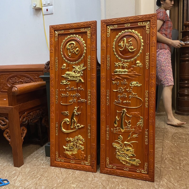 Tranh câu đối cha mẹ gỗ hương dát vàng Đài Loan 24k Bền Đẹp