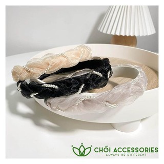 Bờm tóc tết voan lưới phối dây ngọc trai nhân tạo tiểu thư Chồi accessories - Y017