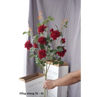 < Hàng loại 1> Cành hoa Hồng Nhung 9 bông cao cấp nhập khẩu 1m- Hoa giả trang trí