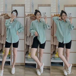 Áo sơ mi đũi nữ tay dài dáng rộng phong cách ulzzang xanh ngọc trẻ trung dễ thương