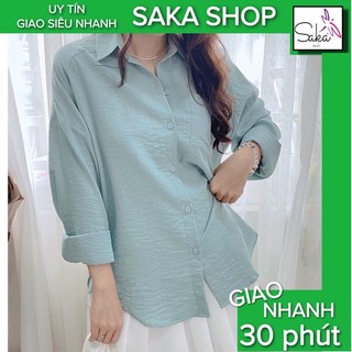 Áo sơ mi đũi nữ tay dài dáng rộng phong cách ulzzang xanh ngọc trẻ trung dễ thương