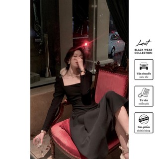 Váy đầm đen cổ vuông dài cao cấp thời trang nữ LUST chất liệu dày dặn thiết kế đẹp - M20