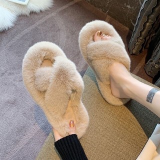 (Sẵn nâu 37) Dép lông quai chéo bản lông đẹp Ulzzang đế cao 5cm