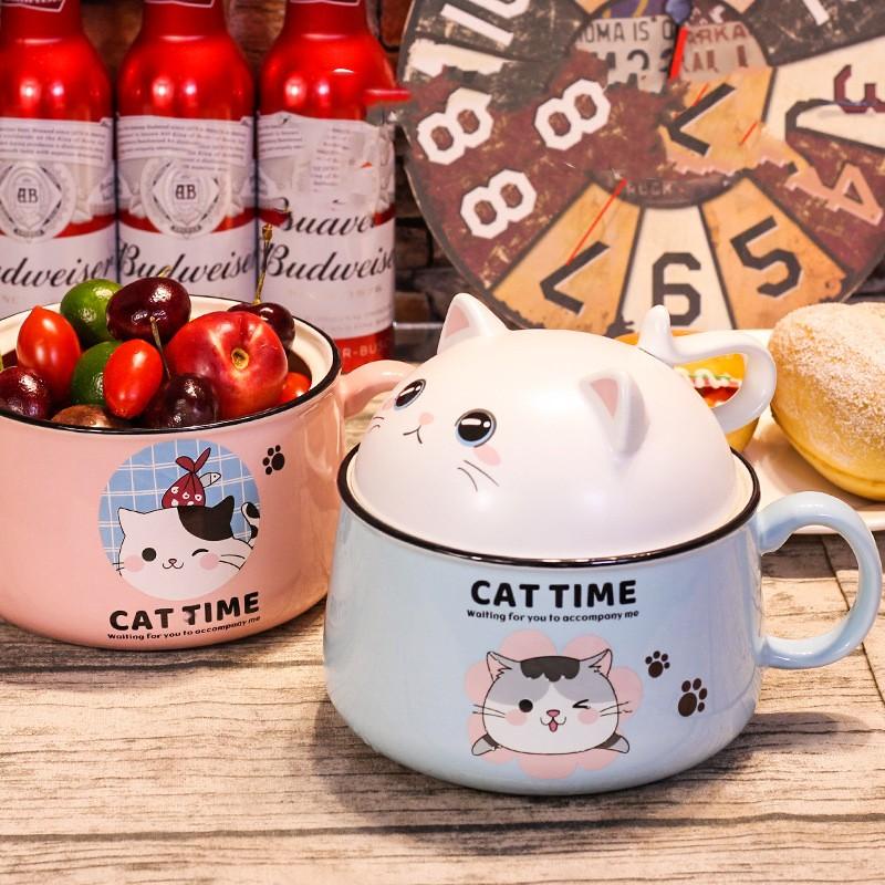 Tô Sứ Ăn Mì Hình Mèo Cute 1020ml Có Nắp Và Tay Cầm - Bát Mèo Cat Time Dễ Thương Phong Cách Nhật Decor Bếp Quà Tặng