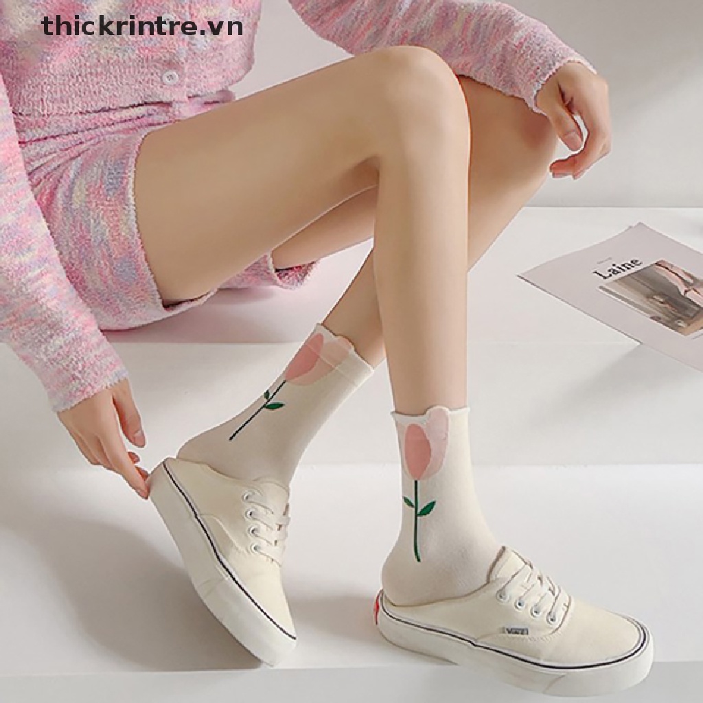 1 Đôi Vớ Cổ Vừa Thoáng Khí In Họa Tiết Hoạt Hình Dễ Thương Cho Nữ