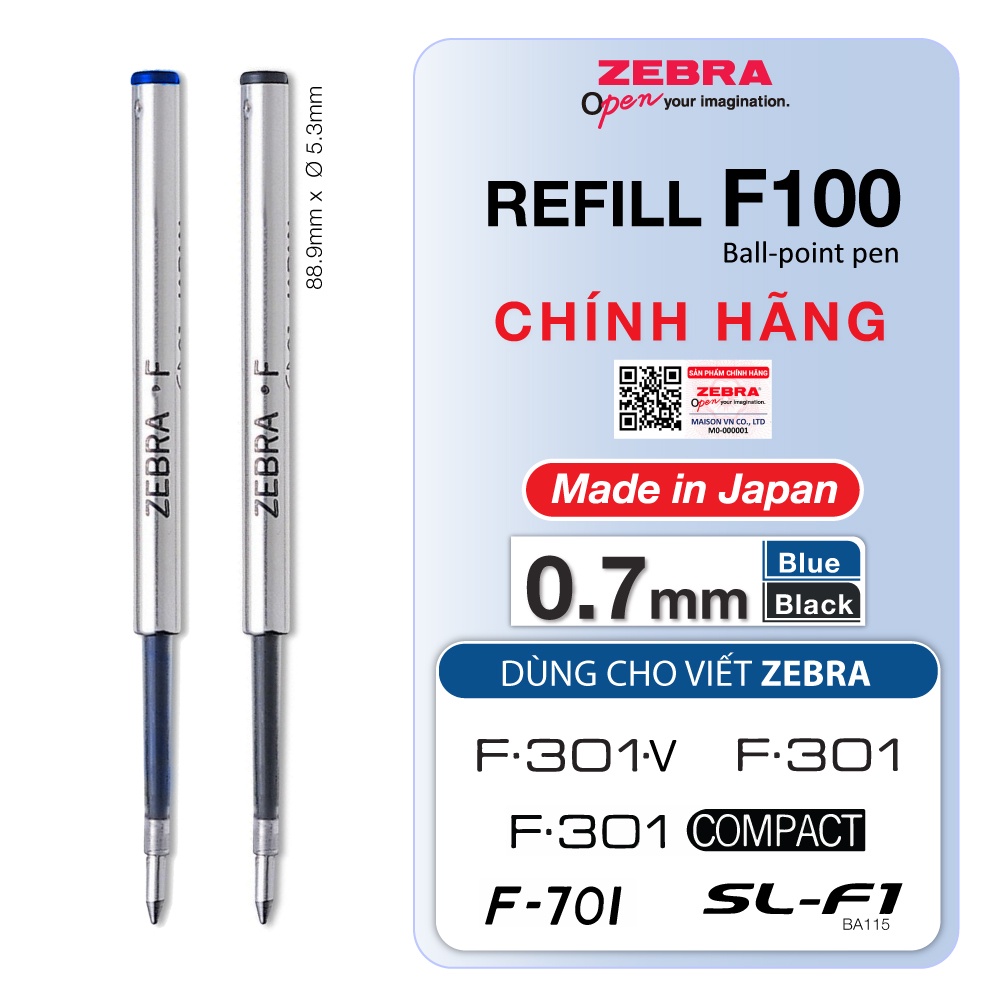 Ruột Bút Bi F100 Zebra Refill F301, F701, BA115 ngòi 0.7 mm Chính Hãng