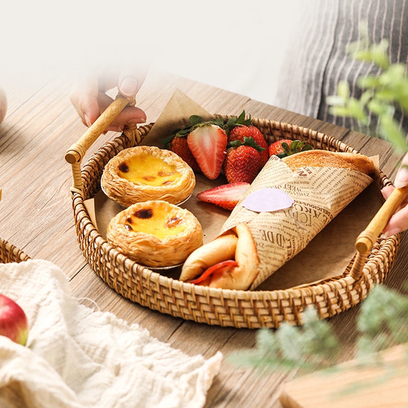 Khay Mây Tròn Có Tay Cầm ONGTRE, Khay Đựng Đồ, Trà Bánh, Decor, Chụp Ảnh Sản Phẩm, Handmade, Nhà Hàng, Khách Sạn, Resort