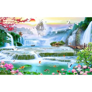 Tranh SƠN THUỶ 3D phong cảnh thác nước chảy, sông suối nên thơ