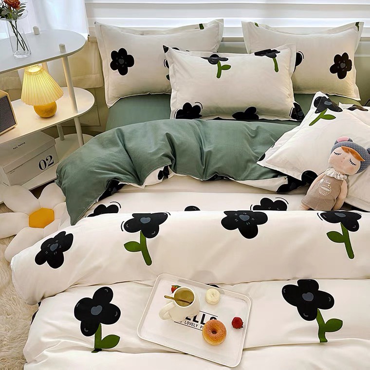 Bộ chăn ga gối cotton poly hoa đen phối ga xanh ETAMI miễn phí bo chun ga trải giường (chưa kèm ruột)