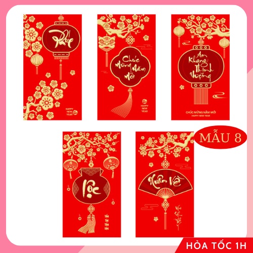 Bộ 5 lì xì Tết truyền thống họa tiết dập nổi 3D, lì xì đỏ may mắn chúc Tết - Kem Shop K259