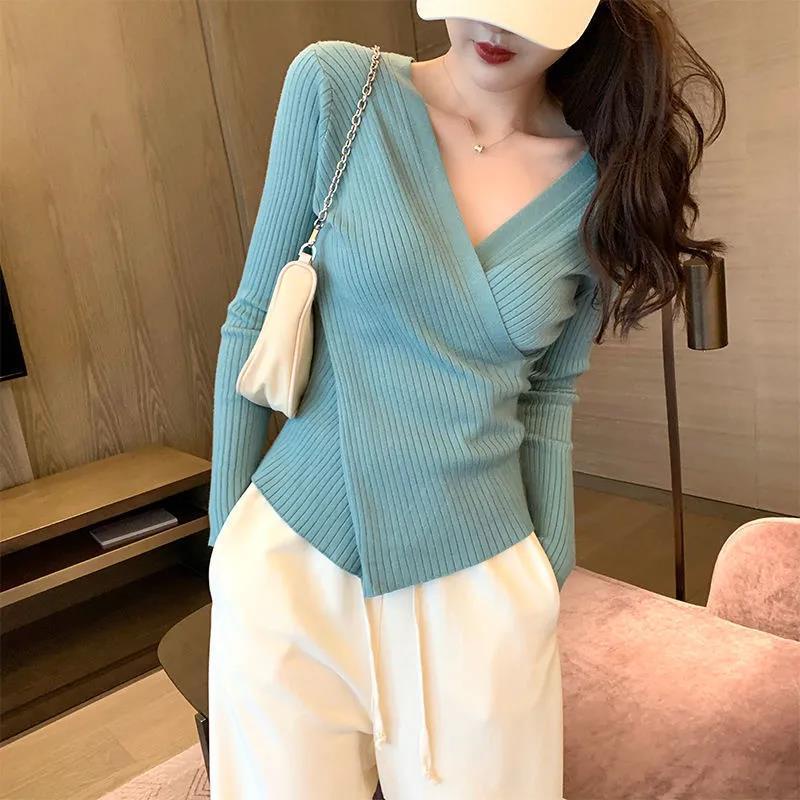 Áo Sweater Dệt Kim Cổ Chữ V Dáng Ôm Thời Trang Thu Đông Cho Nữ