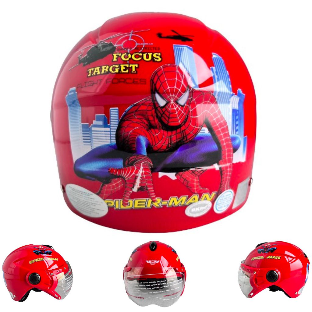 Mũ bảo hiểm trẻ em BKtec - BK14 Đỏ Spider man - dành cho bé từ 5 đến 10 tuổi, bé nặng dưới 30kg - Vòng đầu từ 52-54cm