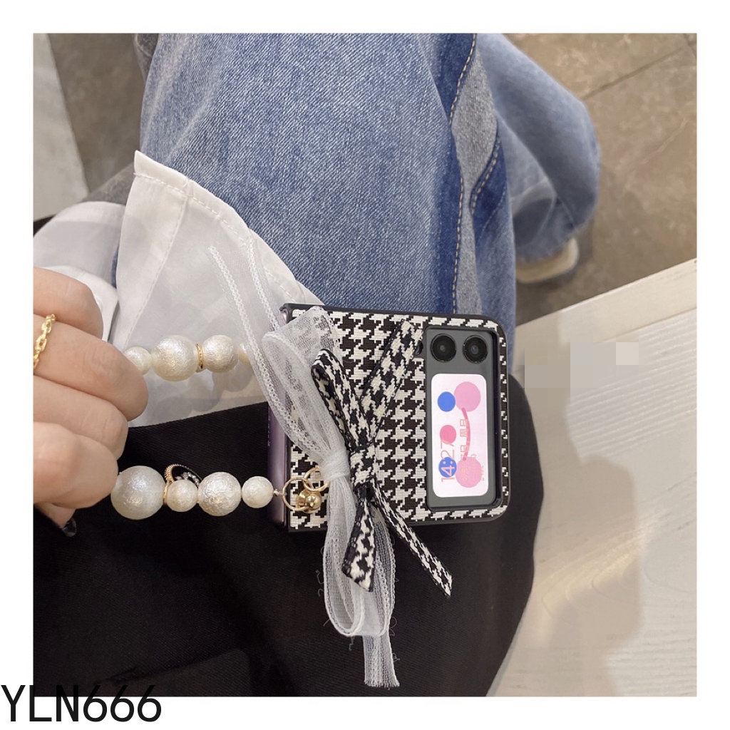 Da PU Vintage Bảo Vệ Gấp Lưng Điện Thoại Dành Cho Samsung Galaxy Z Flip 1 2 3 4 5G Sang Trọng Ngàn Chim Kiểm Tra Với Vòng Tay Ngọc Trai Vỏ Cho Z Flip4 Z Flip3 Z Flip2