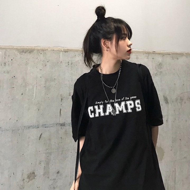 Áo Thun Tay Lỡ Nữ HappyFamily Form Rộng CHAMPS Chất Cotton 100 Cao Cấp-2 Màu Trắng/Đen