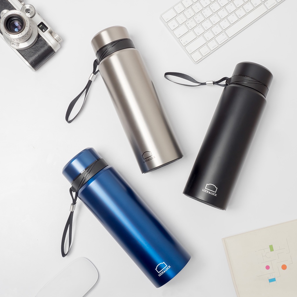 Bình giữ nhiệt LocknLock 800ml Vacuum Bottle LHC6180 Xanh, có khay lọc trà, dây treo xách - K-MALL