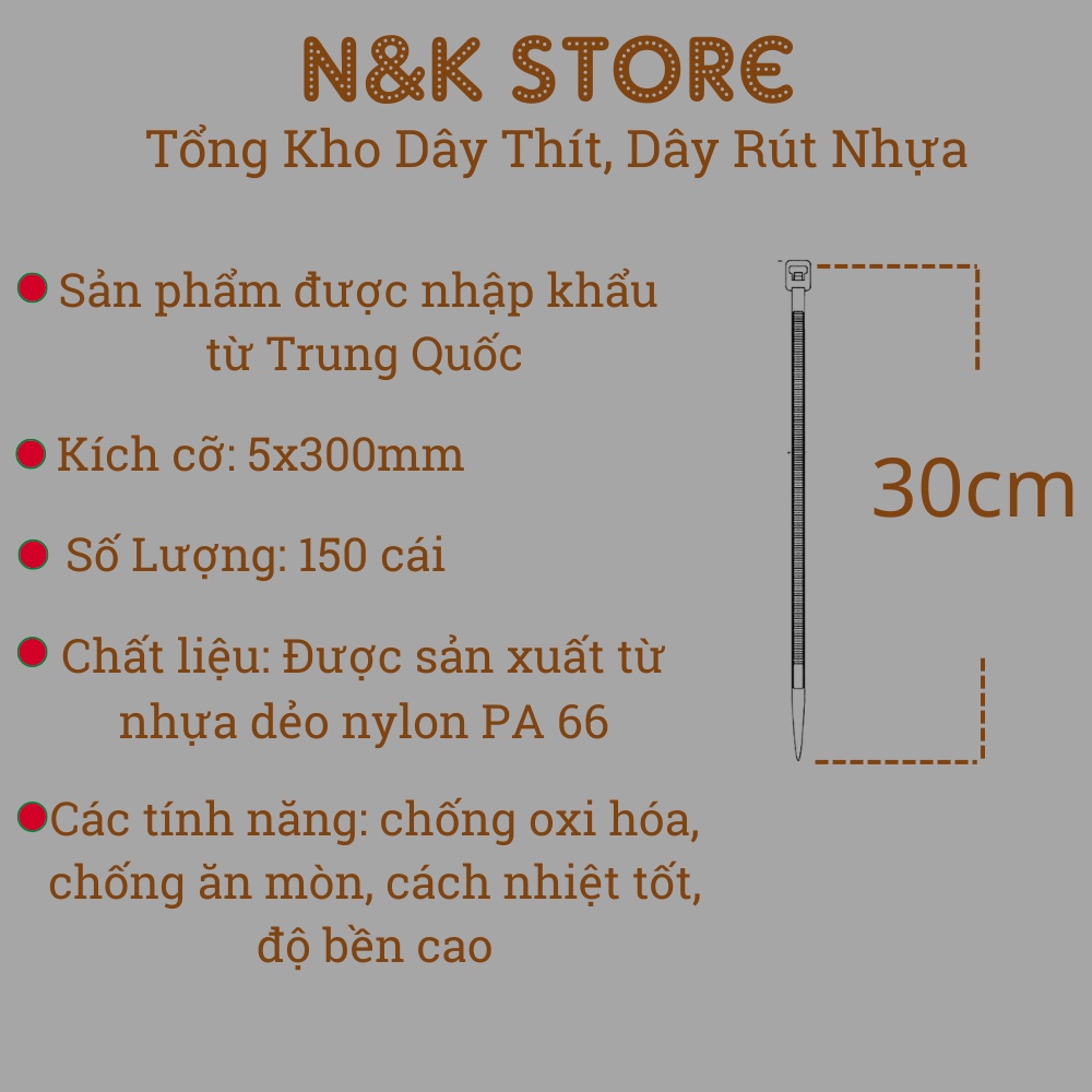 Bịch 150c dây thít 5x300mm, lạt nhựa buộc dài 30cm, dây rút nhựa bền chặt