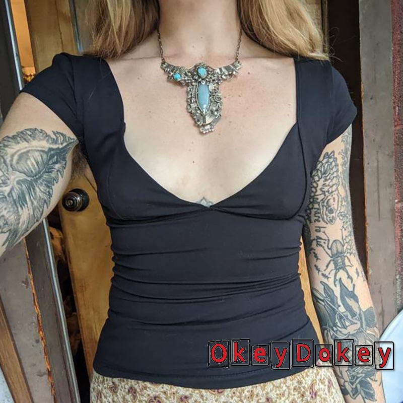 Áo Croptop Cổ Chữ V Khoét Sâu Dáng Ôm Phong Cách Thời Trang Hàn Quốc Dành Cho Nữ