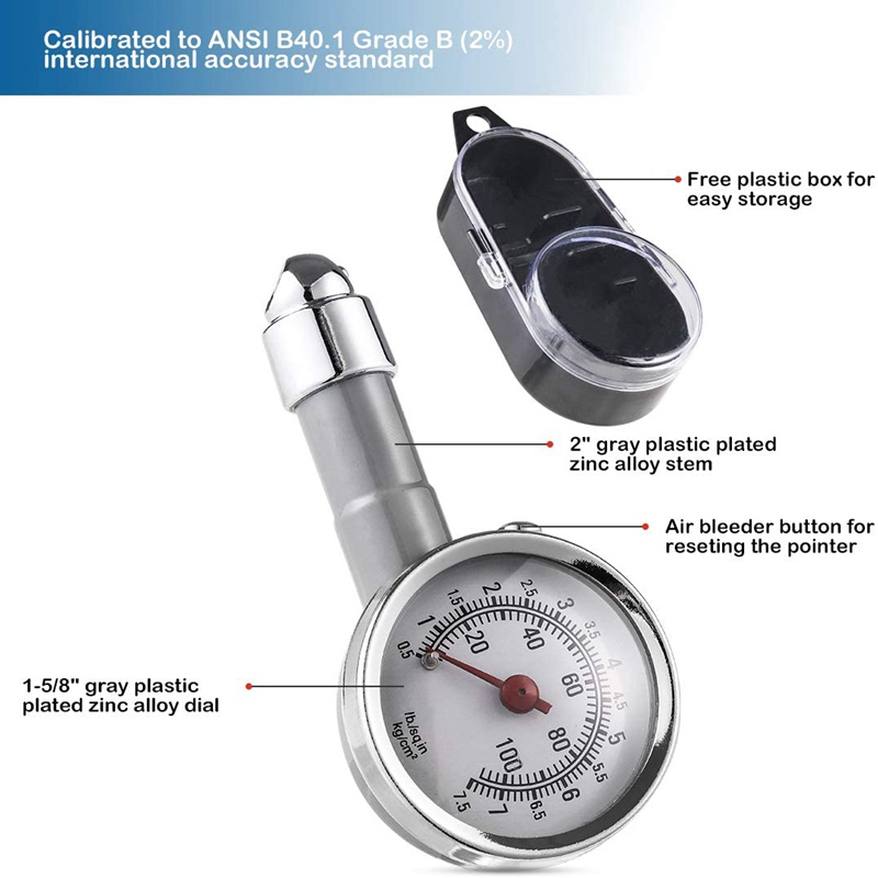 Đồng hồ đo áp suất lốp nhỏ 10-100PSI, Gage khí hợp kim kẽm cơ khí chính xác cho xe máy, ô tô, SUV ATV
