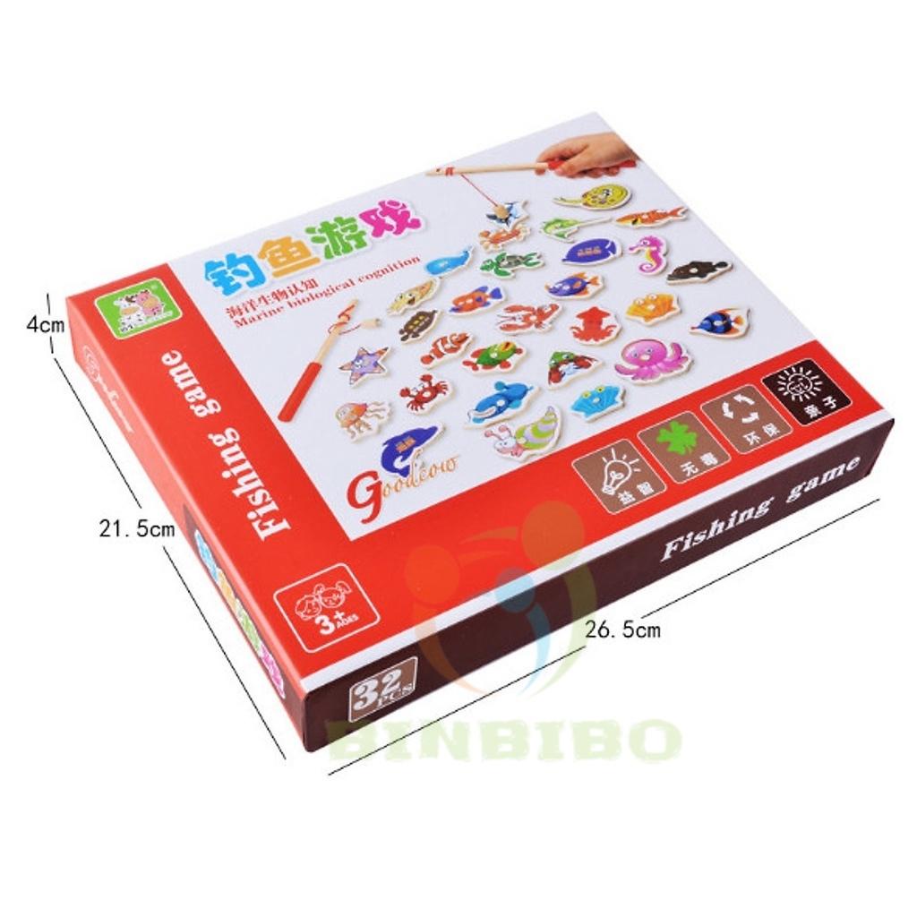 Bộ Đồ chơi câu cá nam châm gỗ 32 chi tiết sinh vật biển cho bé- Binbibo