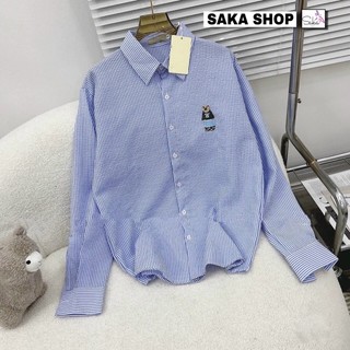 Áo sơ mi nữ kẻ sọc from rộng dài tay thêu hình chú gấu nhiều màu