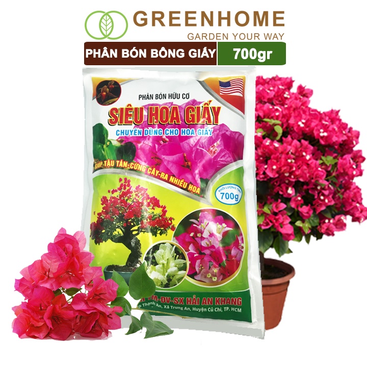 Phân bón hoa giấy Greenhome, bao 700gr, hữu cơ, giúp thân cứng cáp, ra bông nhiều, lâu tàn