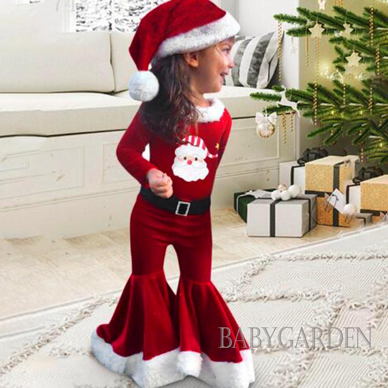 Bộ Áo Thun Tay Dài In Chữ + Quần Dài Ống Loe Họa Tiết Giáng Sinh / Ông Già Noel Thời Trang Cho Bé Gái 1-7 Tuổi