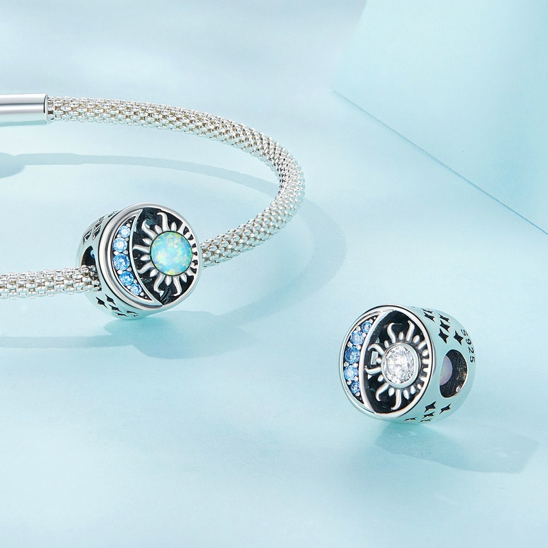 Mặt phụ kiện BAMOER bạc 925 hình mặt trời mặt trăng đính đá opal