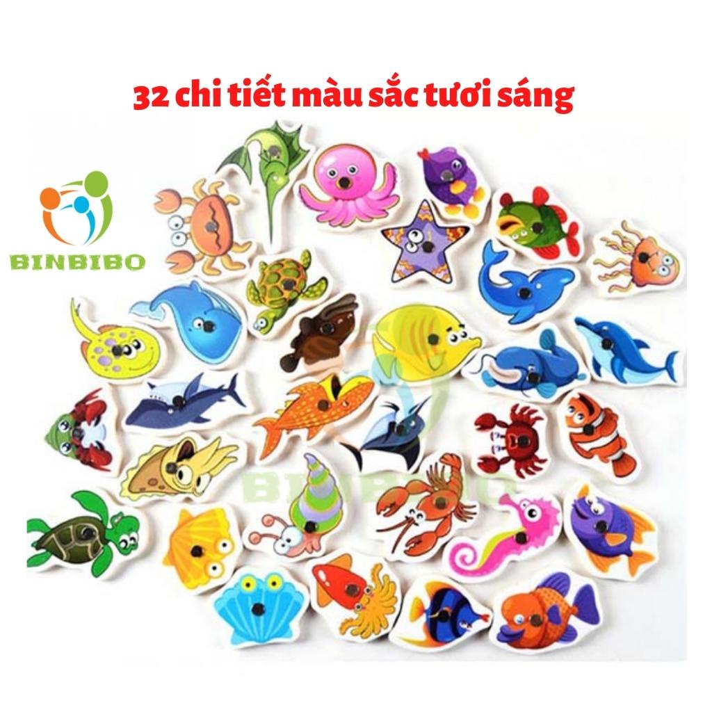 Bộ Đồ chơi câu cá nam châm gỗ 32 chi tiết sinh vật biển cho bé- Binbibo
