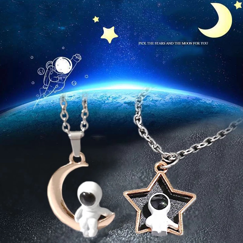 Vòng cổ Kim Loại Mặt Hình Phi Hành Gia / Mặt Trăng / Ngôi Sao 3D Đơn Giản Sáng Tạo Thời Trang Cho Cặp Đôi