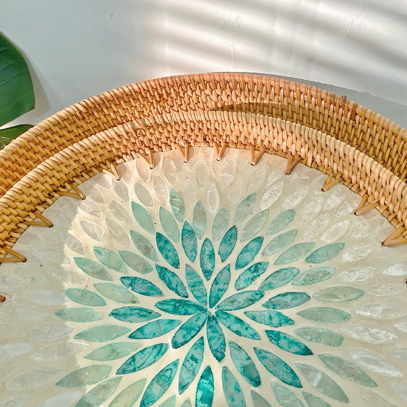 Khay Khảm Trai Viền Mây Tự Nhiên ONGTRE, Khay Đựng Đồ Đa Năng, Khay Decor, Quà Tặng Cao Cấp, Nhà Hàng, Khách Sạn, Resort