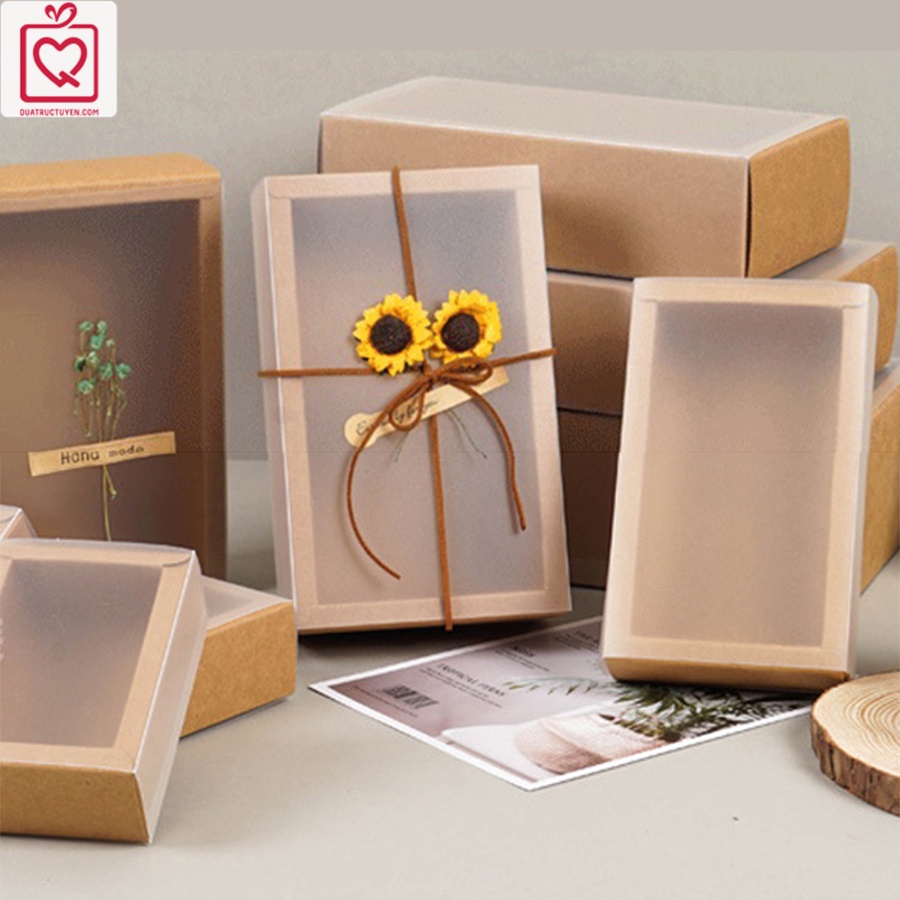 Hộp quà tặng giấy kraft nắp kính trong suốt mờ nắp kéo H12, hộp giấy ...