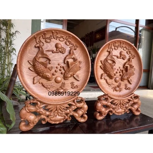Đĩa Gỗ Phong Thuỷ Lý Ngư vọng nguyệt liền khối