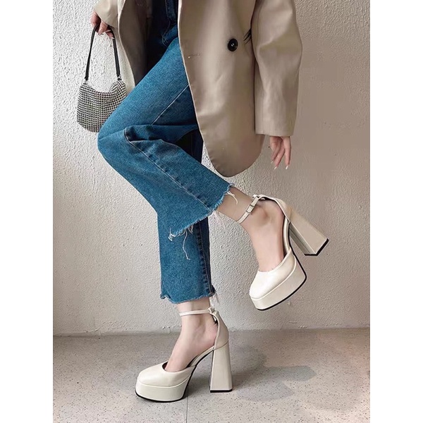 SALE Giày nữ cao gót da lì giày lolita 12cm. Giày mary jane guốc đúp.