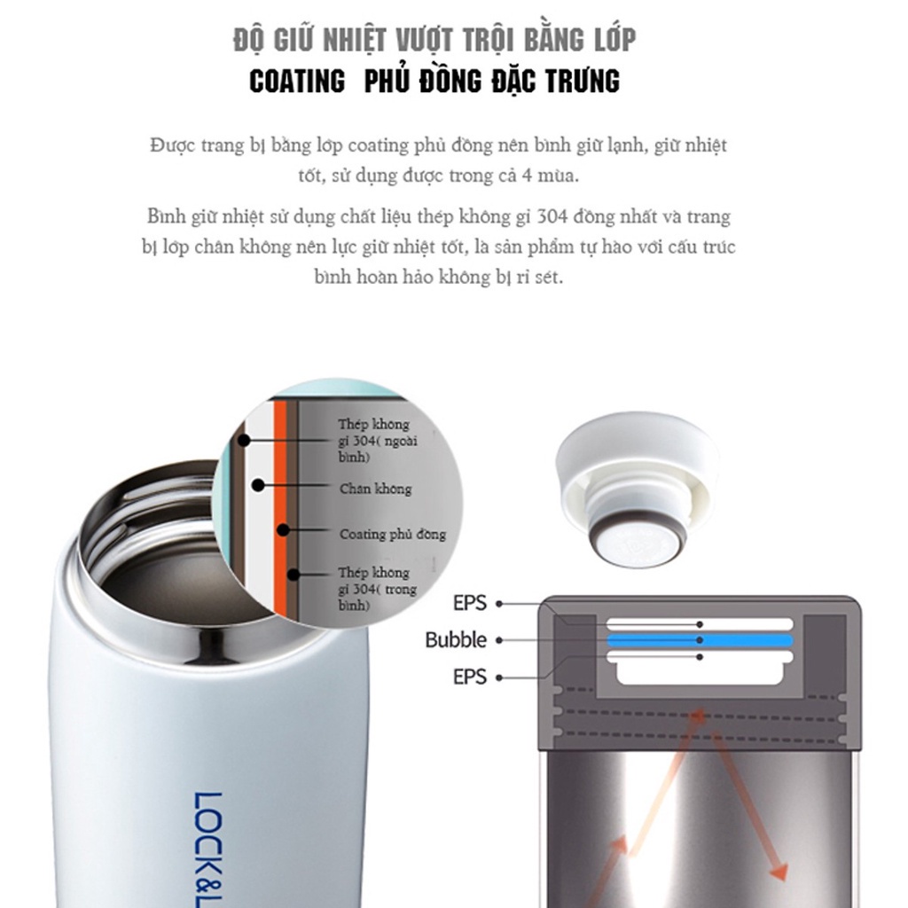Bình giữ nhiệt LocknLock 450ml Feather Light LHC4131 đen viền xanh, có khay lưới lọc trà - K-MALL
