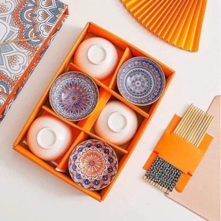 Bát và đũa họa tiết sang trọng phong cách Tablewate, bộ 6 bát và đũa deco siêu xinh