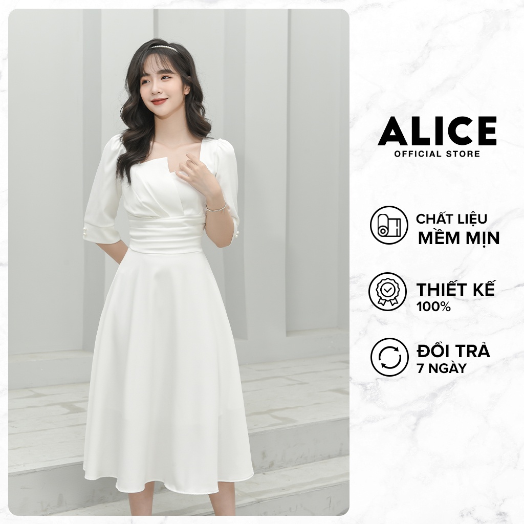 Ảnh Đầm Dự Tiệc Thiết Kế ALICE Cổ Vuông Dập Ly Sang Trọng, Thiết Kế Dáng Dài Xòe, Tay Lỡ Thắt Eo Thanh Lịch V677 1